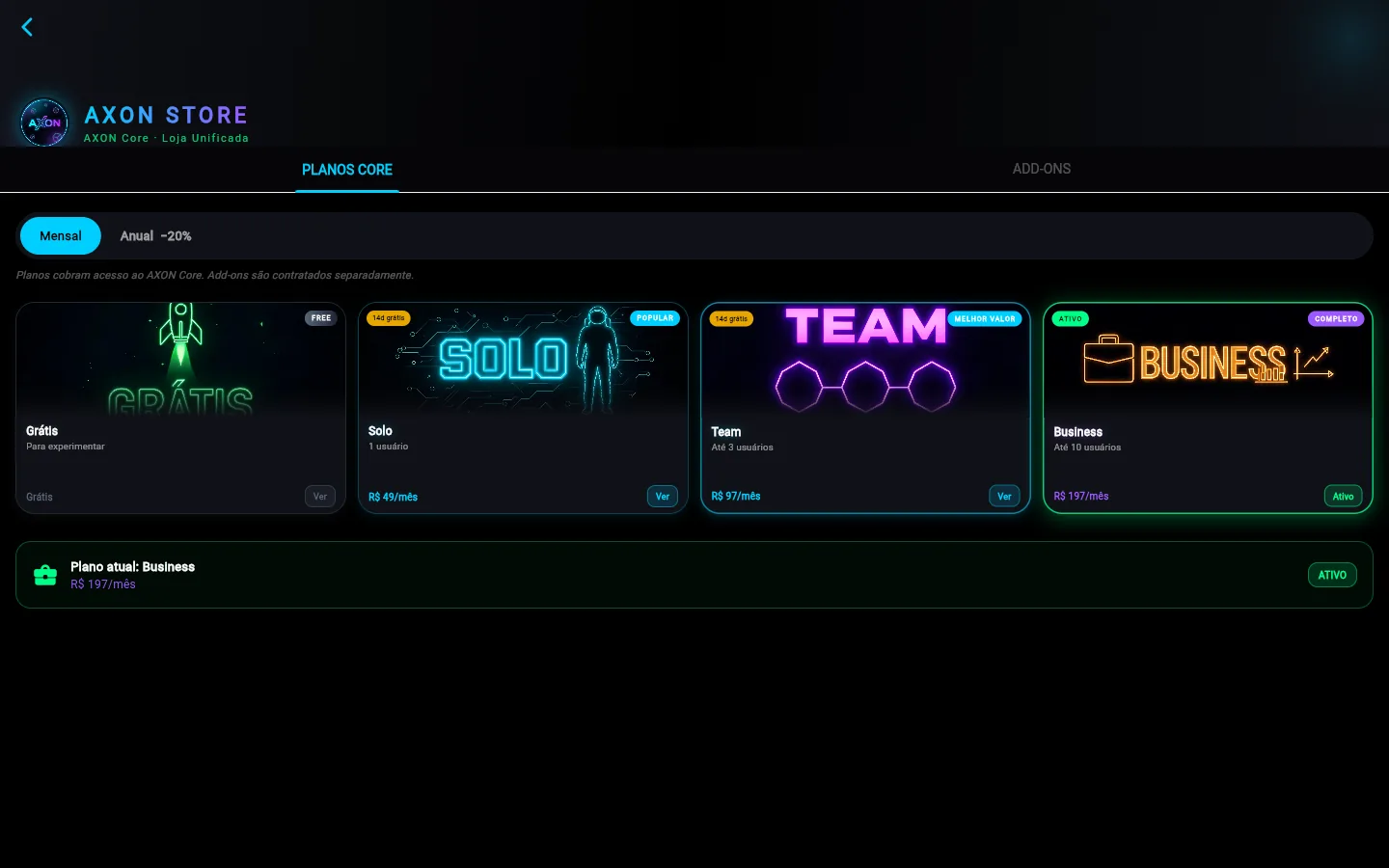 AXON Core — tela real do sistema (AXON Store: planos e módulos)